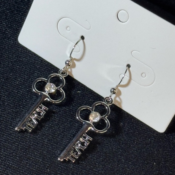 Silver Tone Dangling Key Earring  “Teach” - Picture 2 of 4